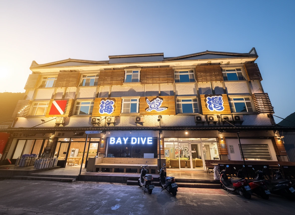 綠島海灣潛水中心門口 Bay Dive storefront at dusk